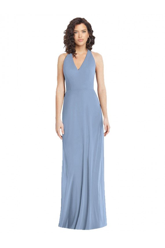 V-Neck Halter Back Straps Chiffon Formal Dress