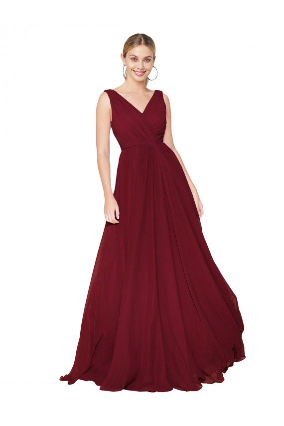 Draped A-Line V-Neck Floor Length Chiffon Formal Dress