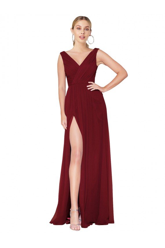 Draped Mermaid Long V-Neck Chiffon Formal Dress with High Slit