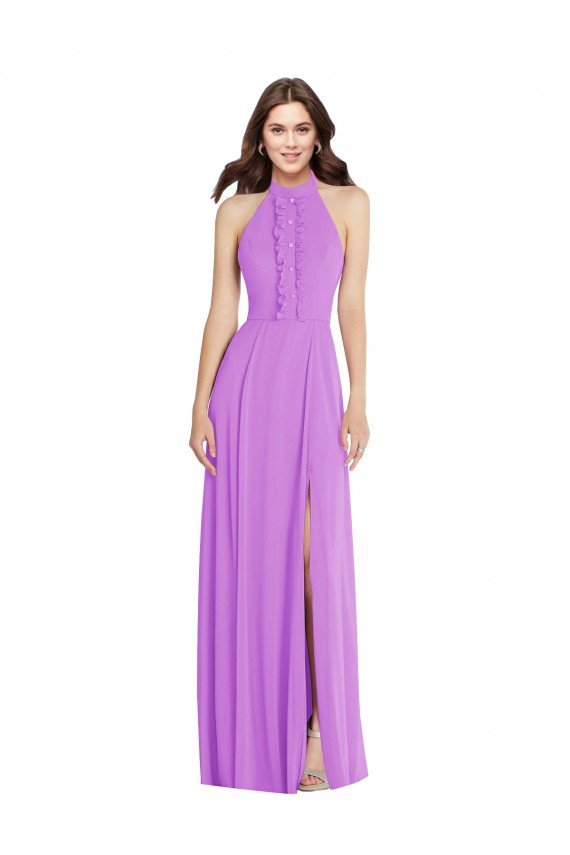 Halter Backless Maxi Formal Dress with Button Ruffle Placket