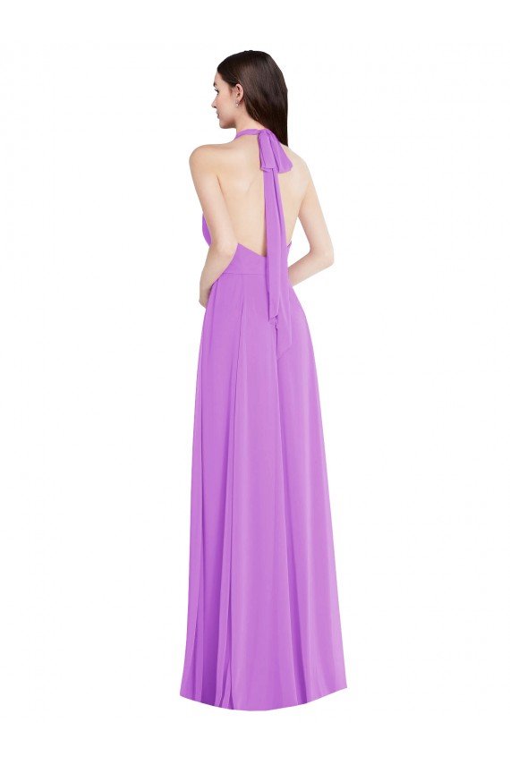 Halter Backless Maxi Formal Dress with Button Ruffle Placket