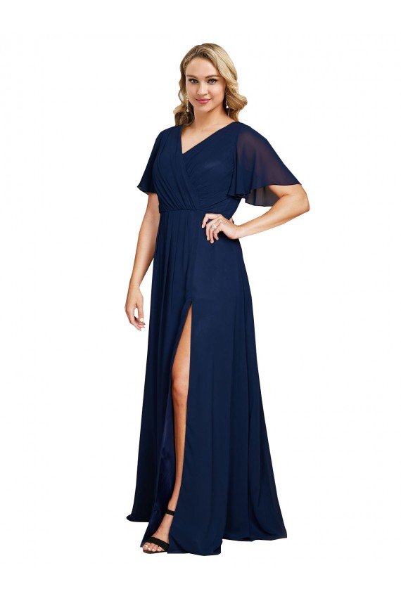 Chiffon V-Neck Short Sleeves Long Formal Dress with High Slit