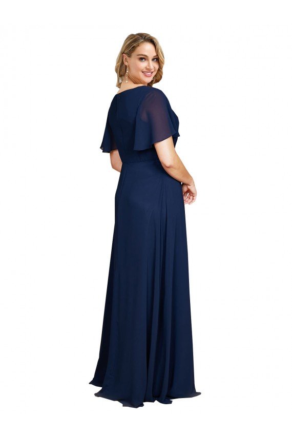 Chiffon V-Neck Short Sleeves Long Formal Dress with High Slit