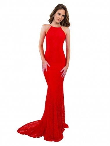 Shop High Neck Long Lace Formal Dress with Open Back Straps