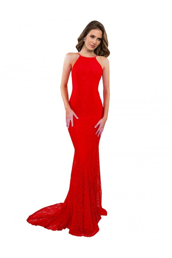 High Neck Long Lace Formal Dress with Open Back Straps