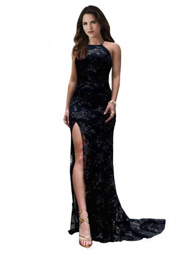 Shop High Neckline Lace Open Back Formal Dress with High Slit