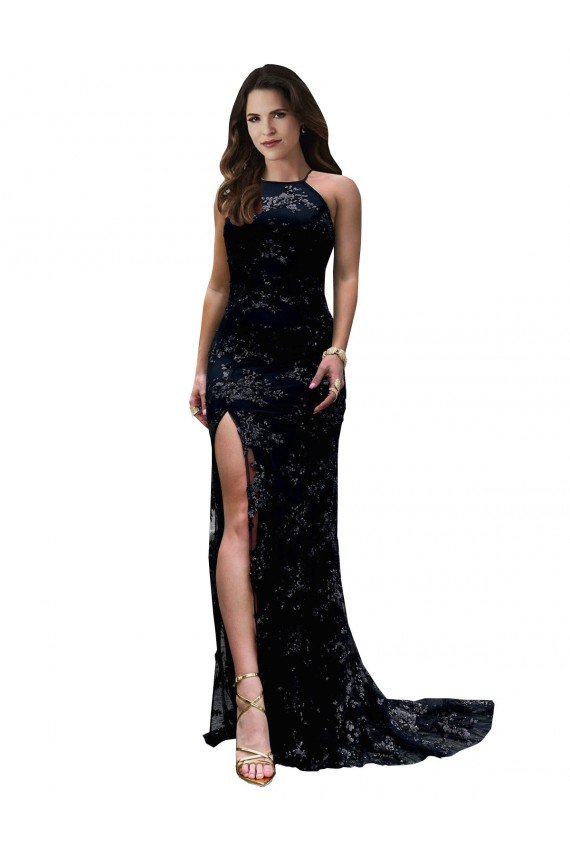 High Neckline Lace Open Back Formal Dress with High Slit