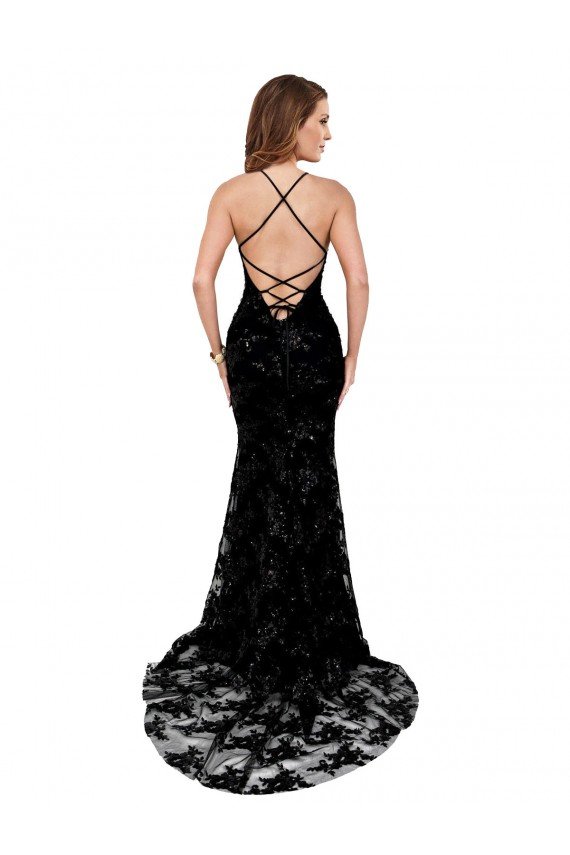 High Neckline Lace Open Back Formal Dress with High Slit