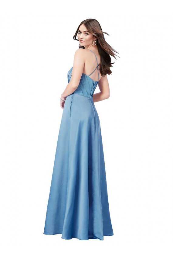 Crossing Strap Back Pleated Bodice Long Satin Formal Dress