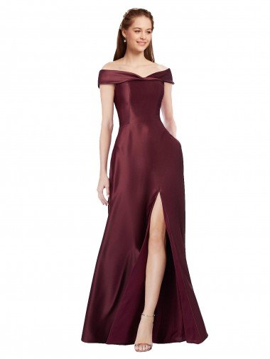 Shop Long Off the Shoulder Satin Formal Dress with Thigh-high Slit