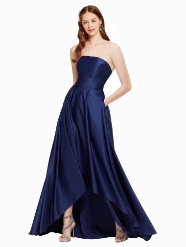 Shop High Low Strapless Satin Formal Dress with Pockets