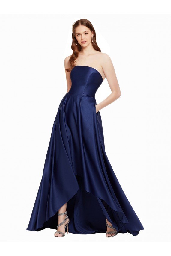 High Low Strapless Satin Formal Dress with Pockets