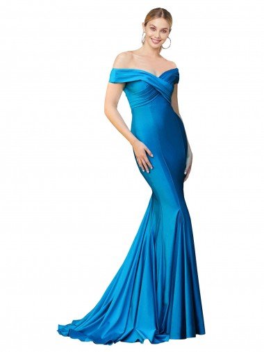 Shop Off the Shoulder Long Chapel Train Satin Formal Dress