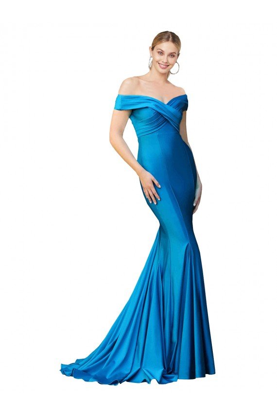 Off the Shoulder Long Chapel Train Satin Formal Dress