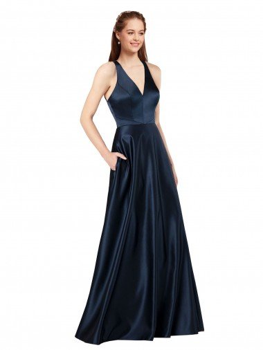 Shop Long Satin Formal Dress with Halter Neckline