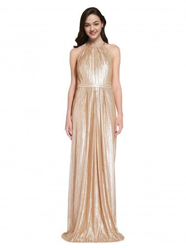 Shop Floor Length Halter Neck Sparkling Sequin Formal Dress with Pleats