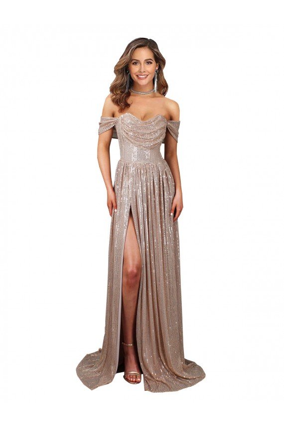 Strapless Scoop Neck Off the Shoulder Long Sequin Formal Dress with High Slit