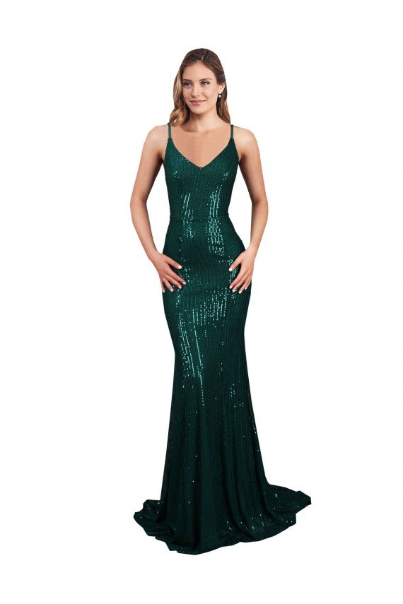 Fishtail Shaped V-Neck Open Back Long Sequin Formal Dress