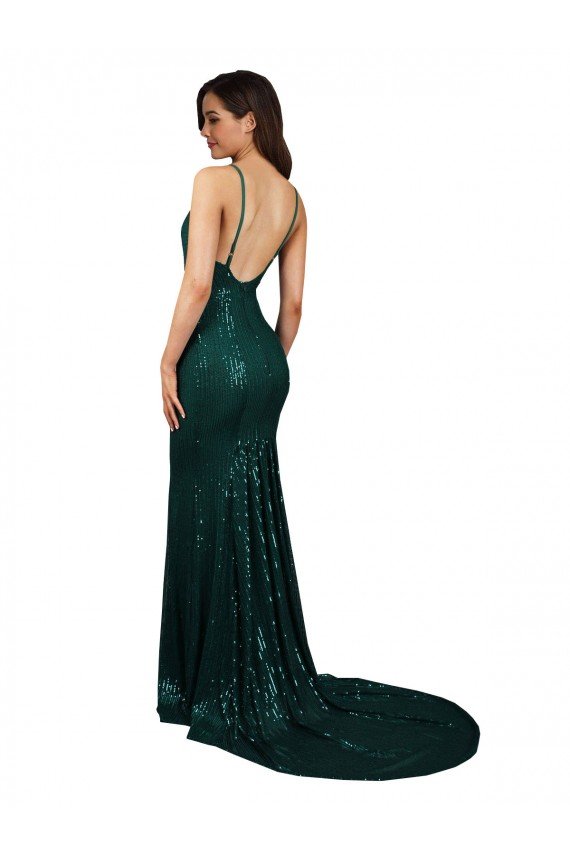Fishtail Shaped V-Neck Open Back Long Sequin Formal Dress