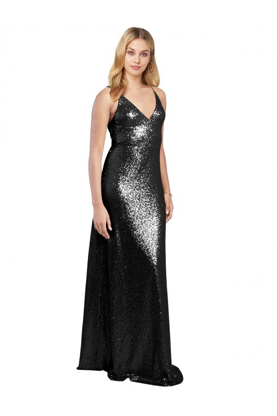 Full Length A-Line Sequin Formal Dress with Spaghetti Straps V-Neckline