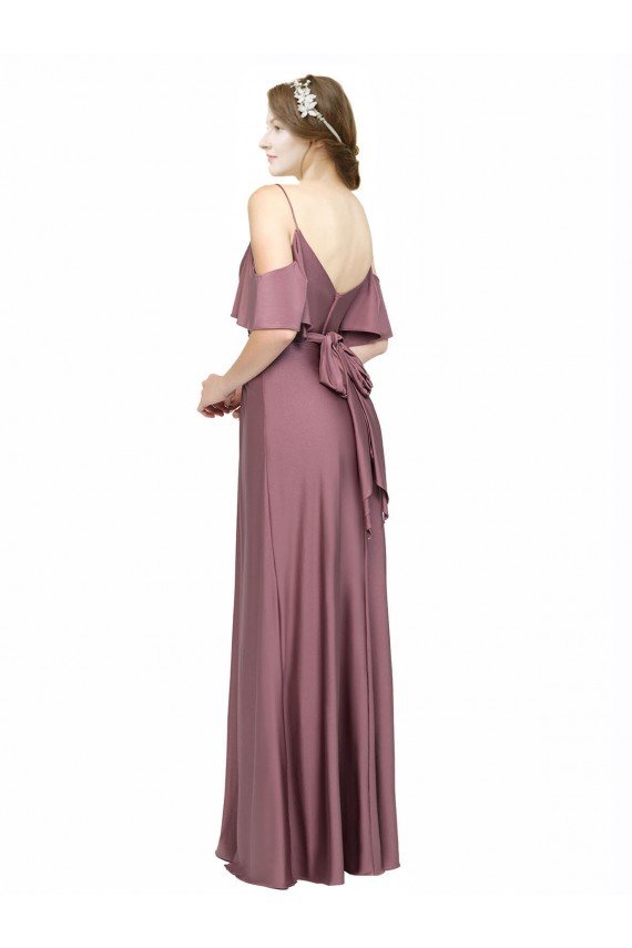 Draped Cold Shoulder Sleeves Long Silky Satin Formal Dress with Slit and Tie Back