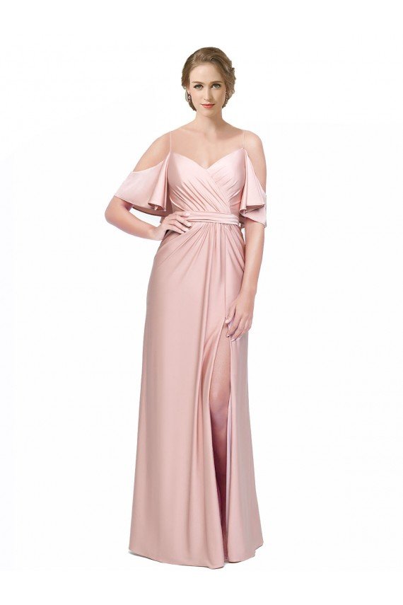 Draped Cold Shoulder Sleeves Long Silky Satin Formal Dress with Slit and Tie Back