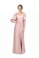Draped Cold Shoulder Sleeves Long Silky Satin Formal Dress with Slit and Tie Back