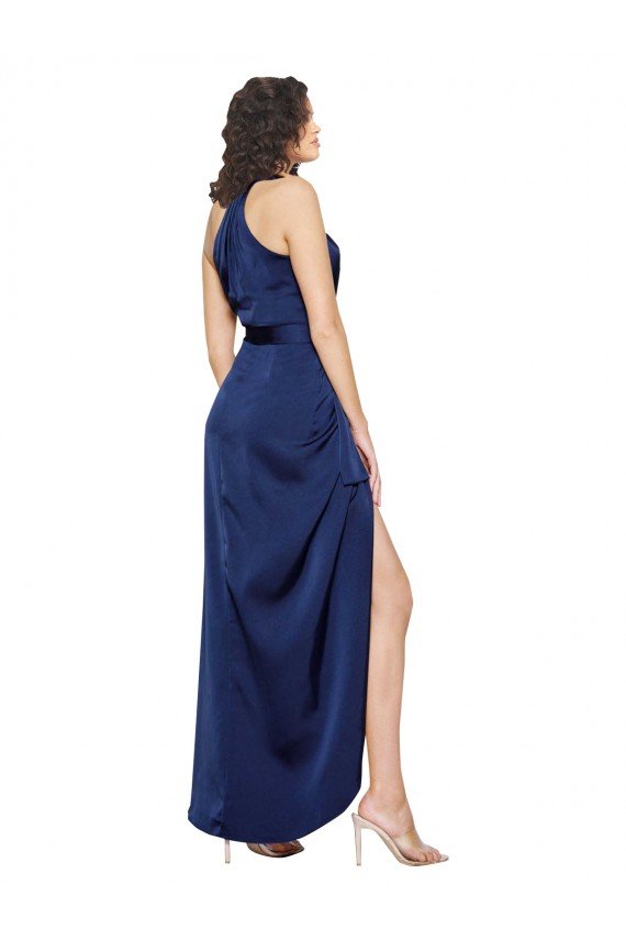Full Length High Neck Wrap Silky Satin Formal Dress with Waist Tie