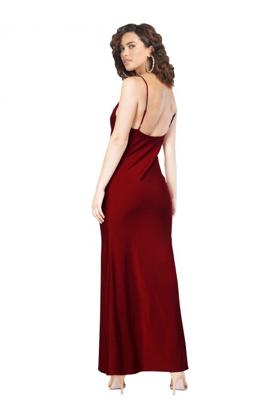 Cowl Neck Low Back Silky Satin Formal Dress with Thin Back Straps