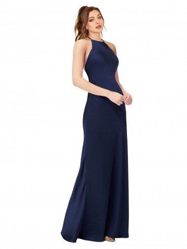 Shop High Neck Satin Formal Dress with Strappy Back