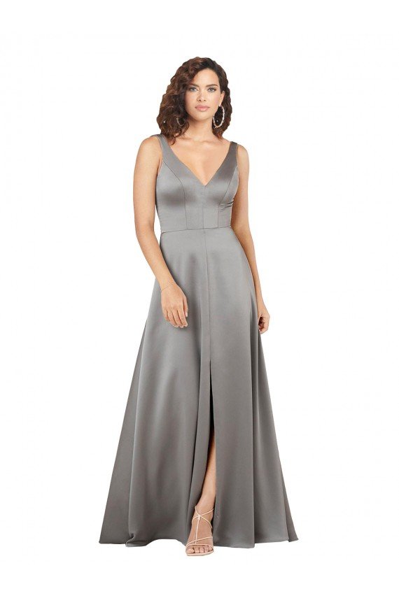 Plunging V-Neckline Long A-Line Silky Satin Formal Dress