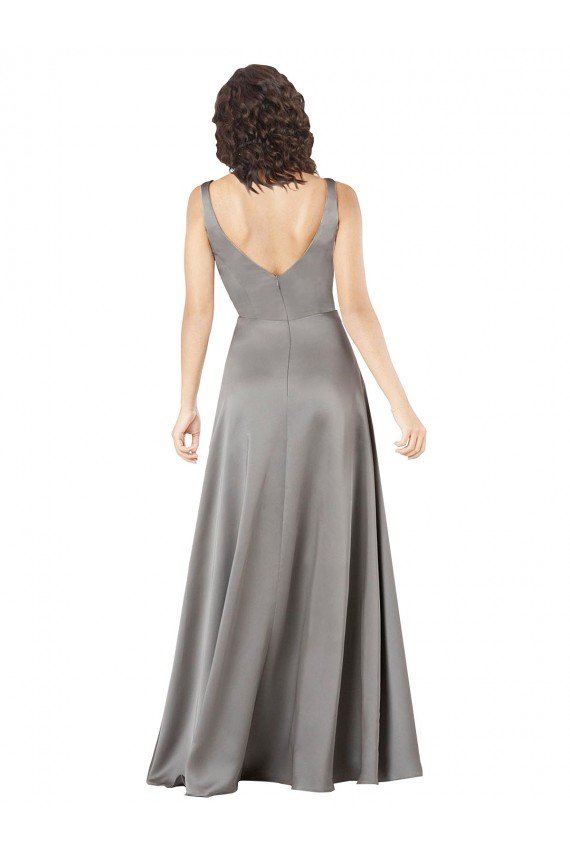 Plunging V-Neckline Long A-Line Silky Satin Formal Dress