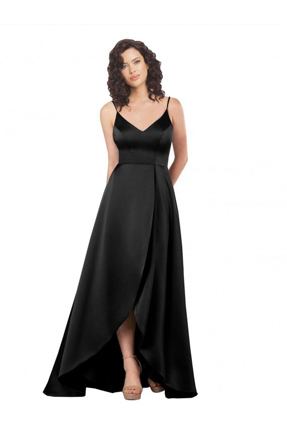 High Low V-Neckline Silky Satin Tulip Formal Dress with Wrap Skirt