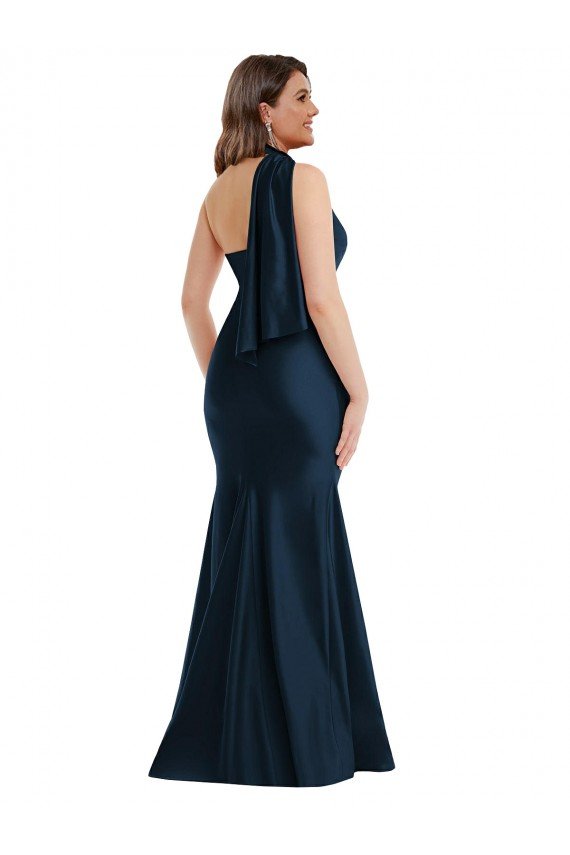 Scarf Neck One Shoulder Silky Satin Mermaid Formal Dress with Front Slit