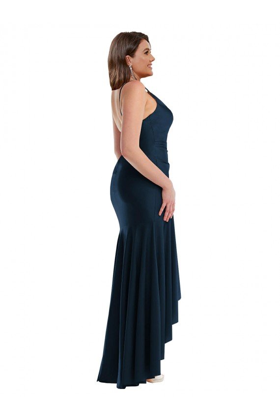 Pleated Wrap Ruffled High Low Silky Satin Formal Dress