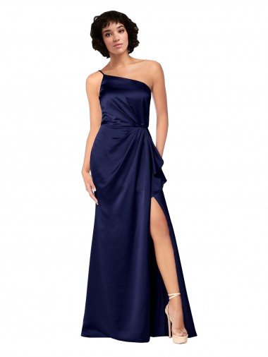 Shop One Shoulder Silky Satin Formal Dress with Skirt Slit