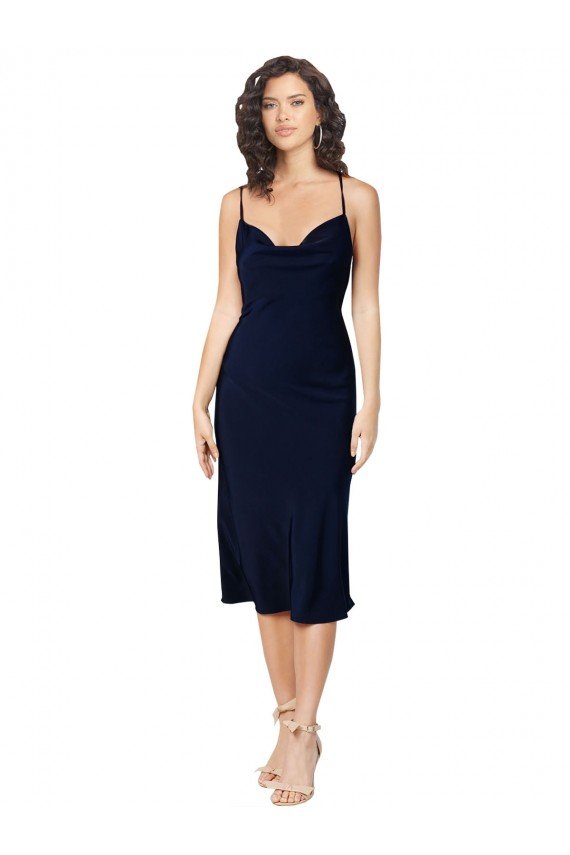 Short Midi Length Silky Satin Cocktail Formal Dress with Cowl Neck and Cross Back Straps