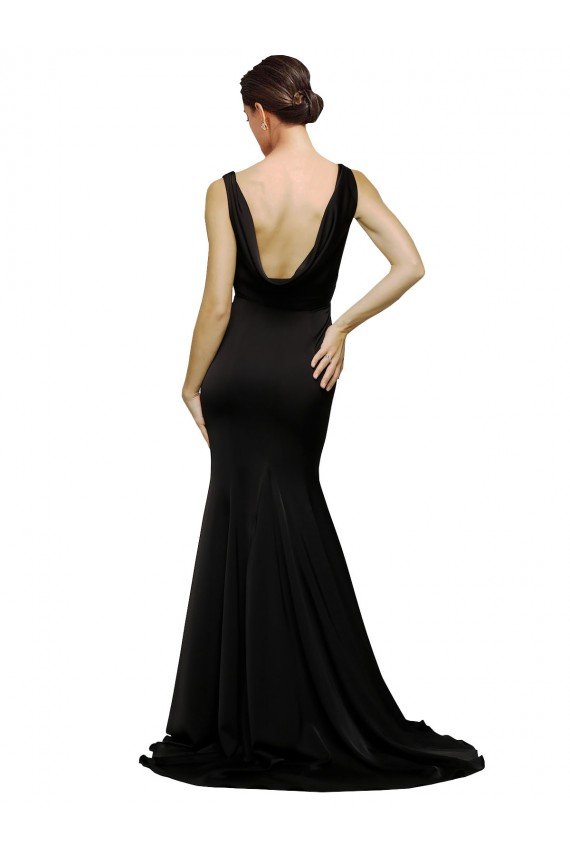 V-Neck Full Length Silky Satin Formal Dress with Soft Cowl Neck and Sweep Train