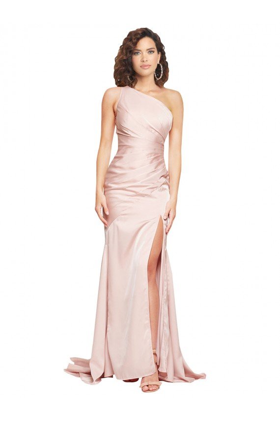 Full Length One Shoulder Long Silky Satin Formal Dress with High Split