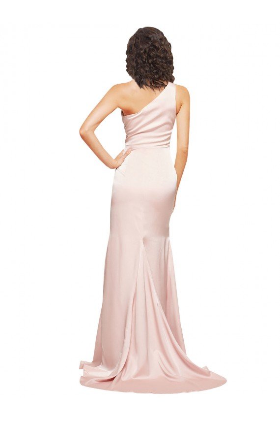 Full Length One Shoulder Long Silky Satin Formal Dress with High Split