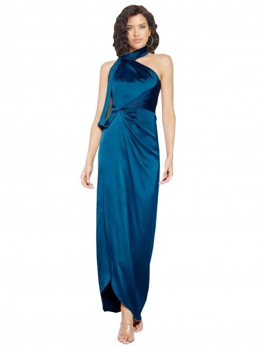 Shop High Halter Neck Silky Satin Formal Dress with Sash Overlay and Side Split