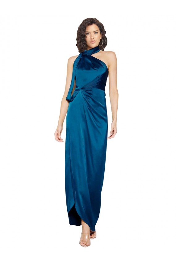 High Halter Neck Silky Satin Formal Dress with Sash Overlay and Side Split