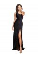 Full Length One Shoulder Ruffled Long Silky Satin Formal Dress with High Slit