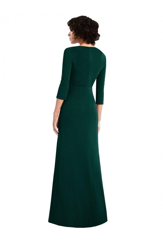 Floor Length 3/4 Sleeves V-Back Draped Wrap Maxi Spandex Formal Dress