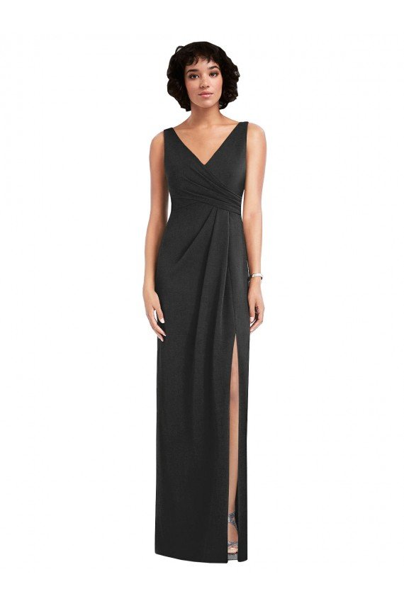 Draped Wrap Maxi Spandex Formal Dress with Front Slit