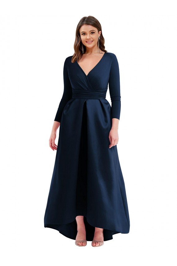 Long Sleeves Wrapped Spandex Formal Dress with High Low Full Skirt and Pockets