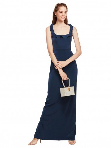 Shop Scoop Neck with Ruffles Long Crepe Formal Dress with Back Slit