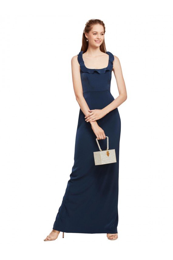 Scoop Neck with Ruffles Long Crepe Formal Dress with Back Slit