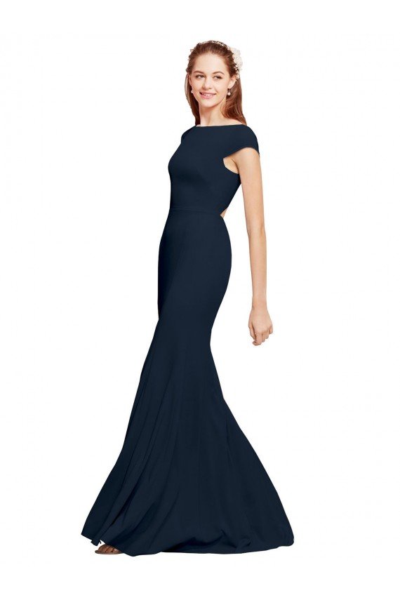 Fit and Flare Long Crepe Formal Dress with Tie Open Back