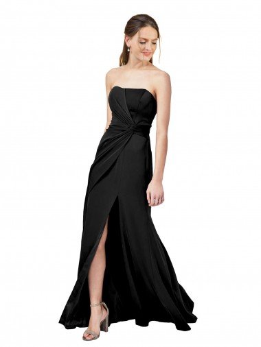Shop Strapless Fit and Flare Long Crepe Formal Dress with Knot and Slit